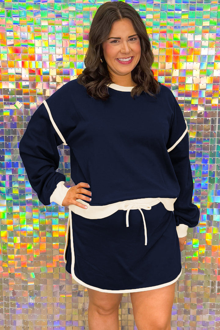 Navy Blue Plus Color Block Drop Shoulder Top and Lace-up Skirt Outfit