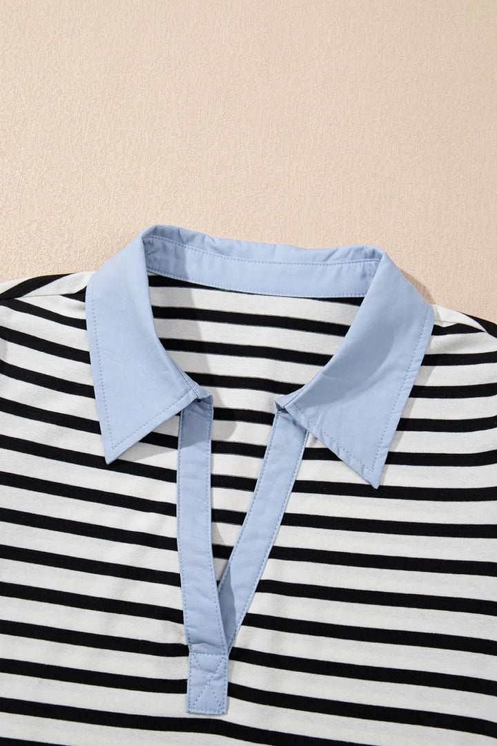 Stripe Contrast V Neck Collared Puff Sleeve T Shirt Mini Dress with Pockets