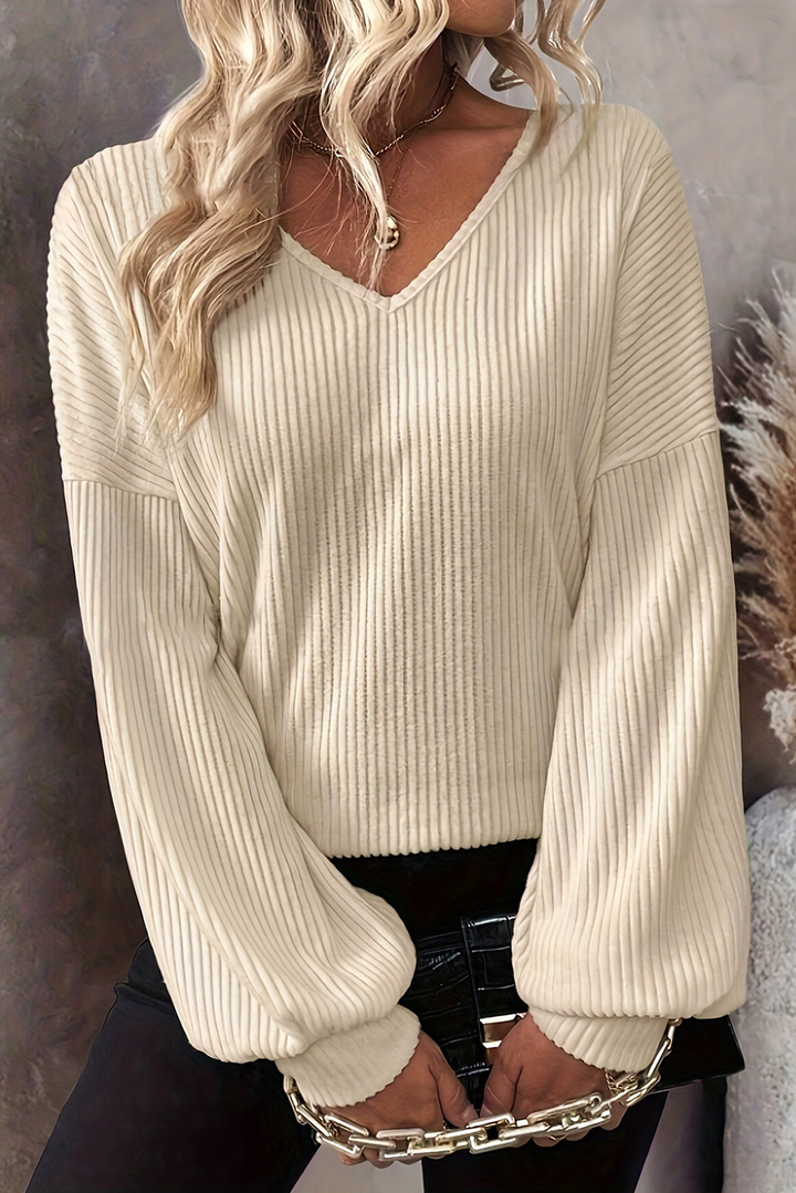 White Knot Back Drop Shoulder Ribbed Long Sleeve Blouse