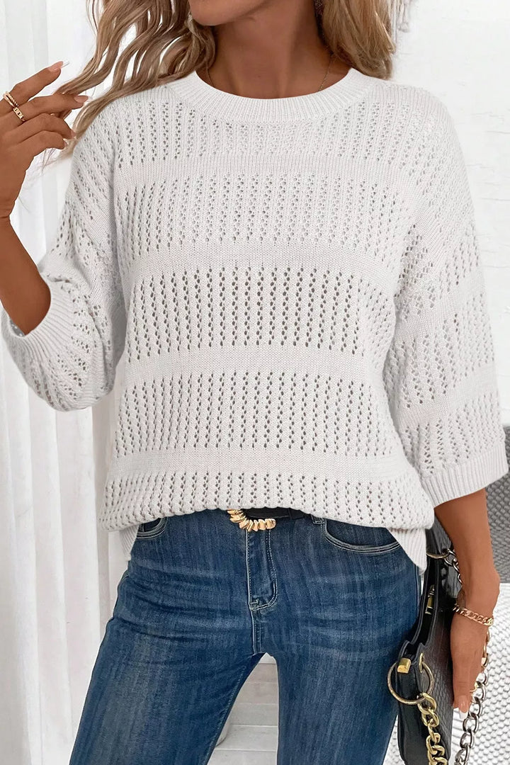 3/4 Sleeve Open Knit Mesh Detail Pullover Sweater
