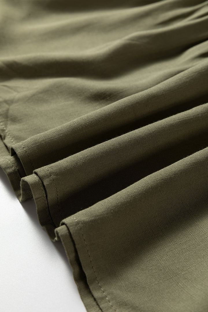 Four Leaf Clover Collared V Neck Smocked Detail Contrast Leopard Trim Bracelet Sleeve Long Dress