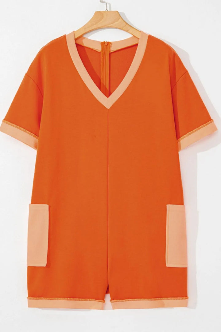 Two-Tone Short Sleeve V Neck Patched Pocket Romper