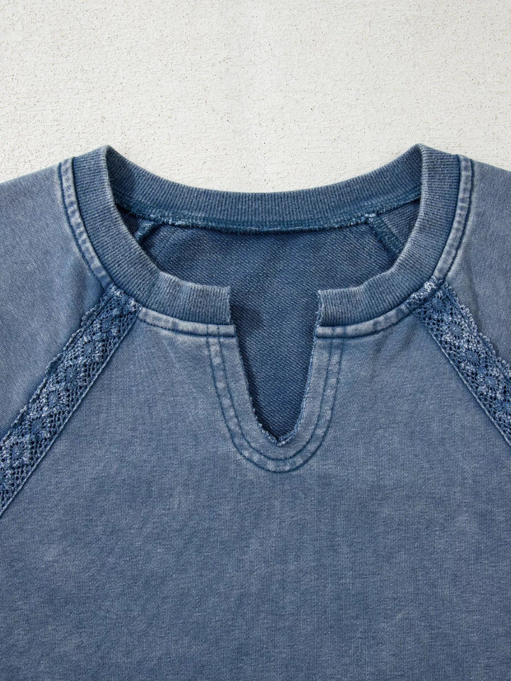 Lace Patchwork Detail Notched Neck Mineral Wash Baggy Sweatshirt