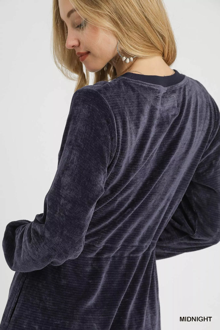 Umgee Velour Drawstring Mini Dress with Long Sleeves