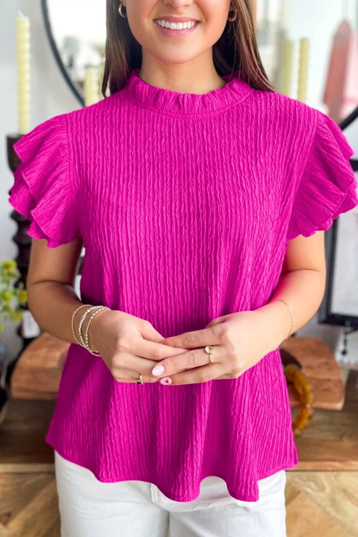 Solid Color Textured Ruffle Trim Short Sleeve Blouse