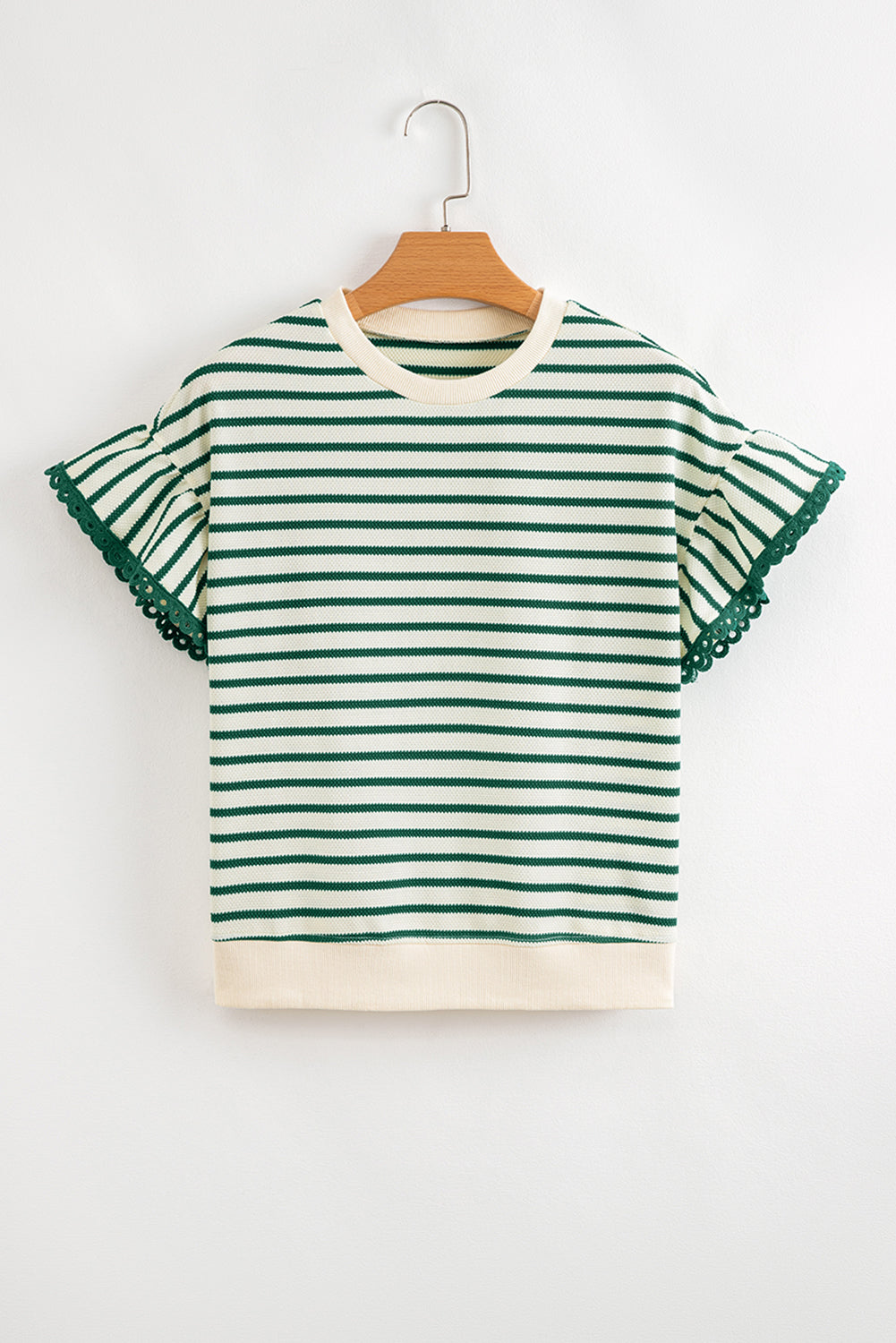 Green Stripe Scallop Lace Trim Ruffle Short Sleeves Crewneck Top