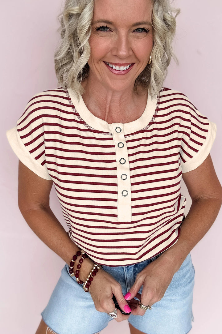 Red Stripe Half Buttons Round Neck T Shirt