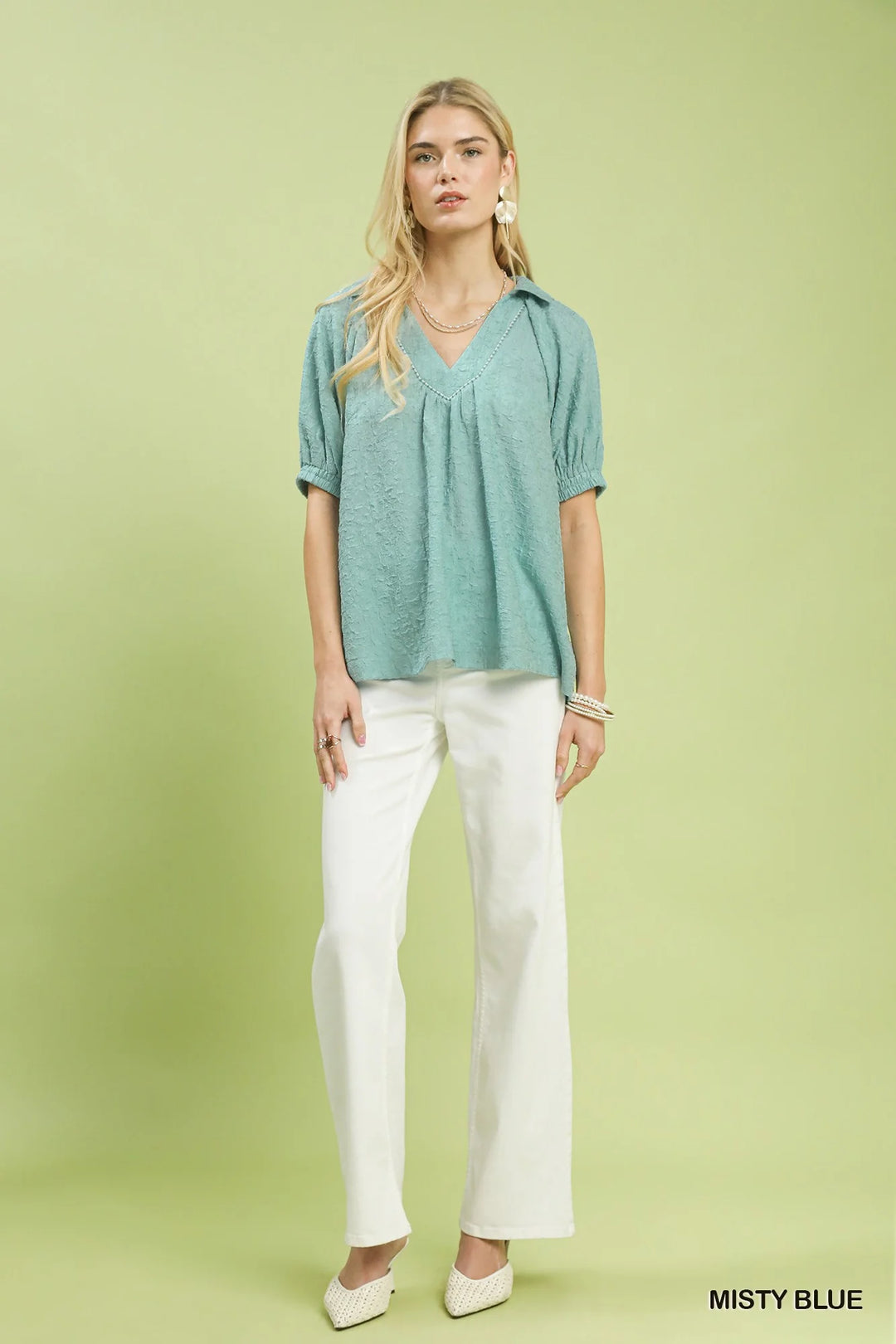 Umgee Textured Trim Detail Short Sleeve Top