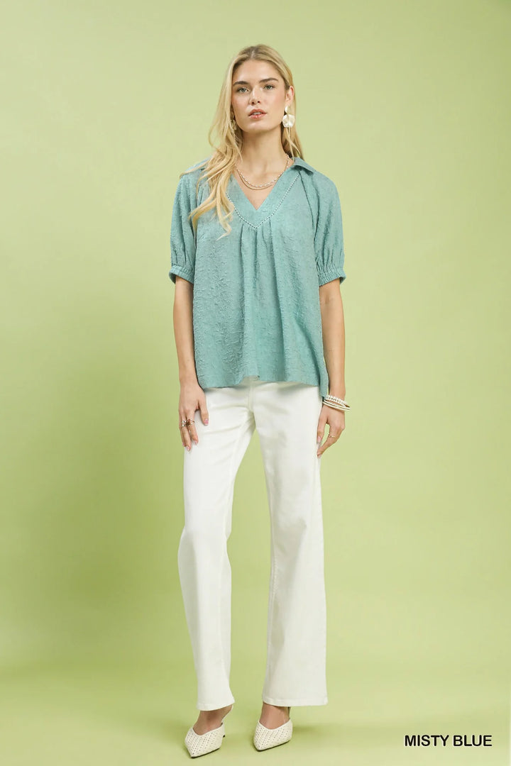 Umgee Textured Trim Detail Short Sleeve Top