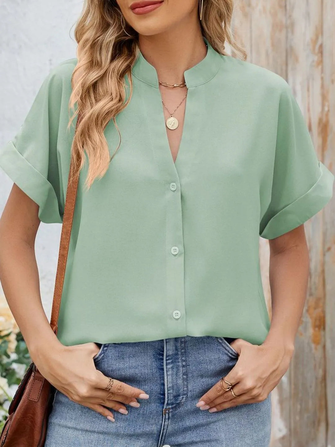 Notched Short Sleeve Blouse