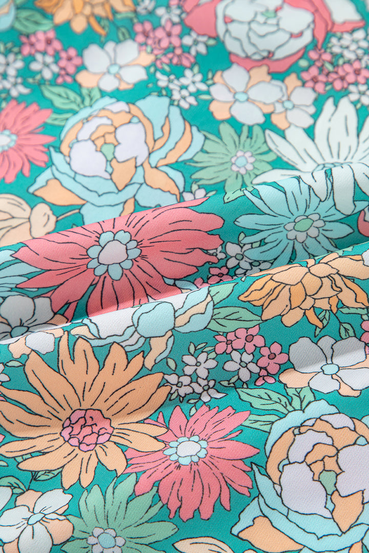 Multicolour Notched Neck Puff Short Sleeve Floral Blouse