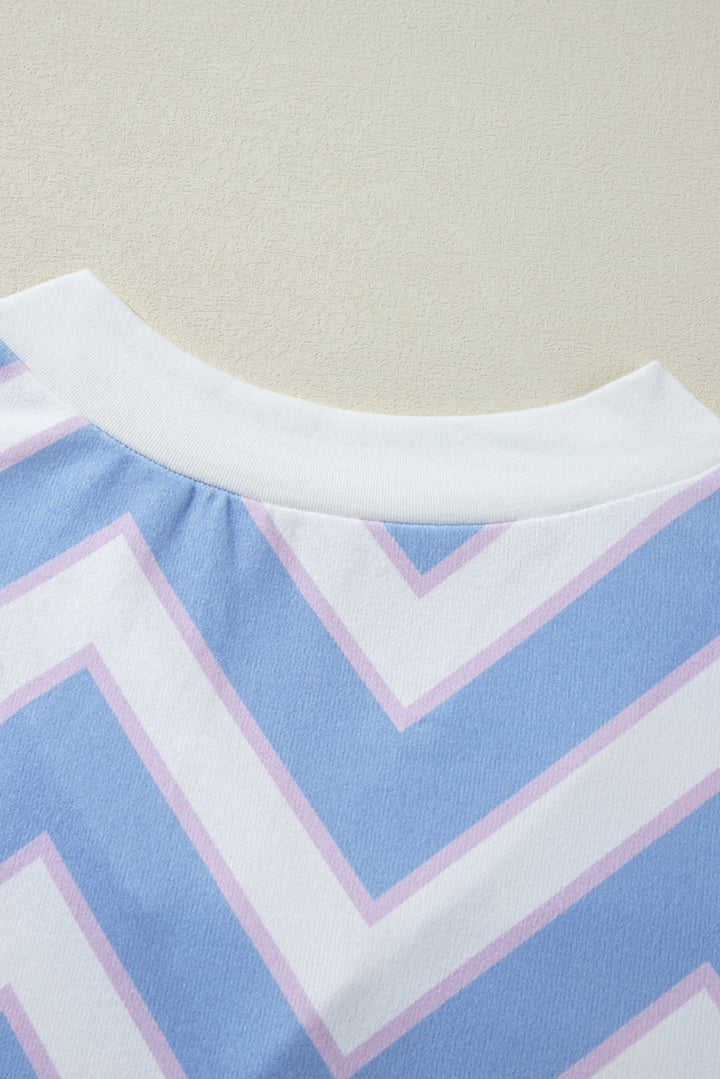 Haut oversize à col en V et imprimé rayures zigzag bleu ciel