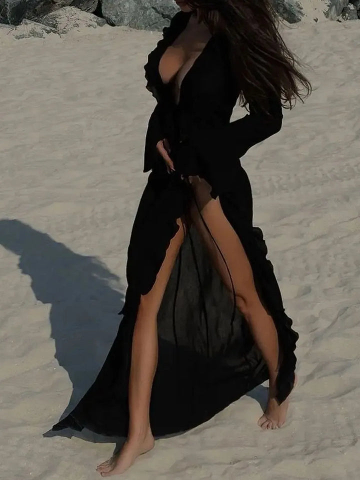 Ruffled Long Sleeve Cover-Up Dress
