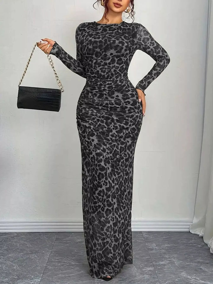 Leopard Ruched Bodycon Maxi Dress