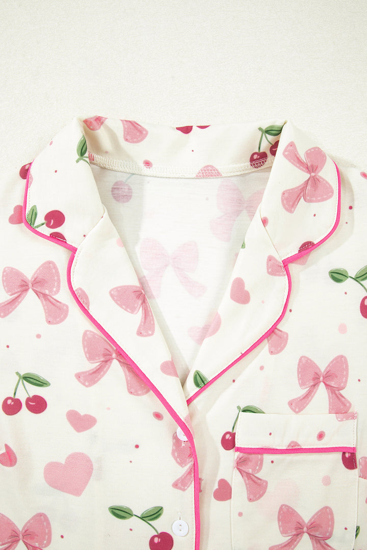 Beige Bow Fruit Print Contrast Pipping Short Pajamas Set