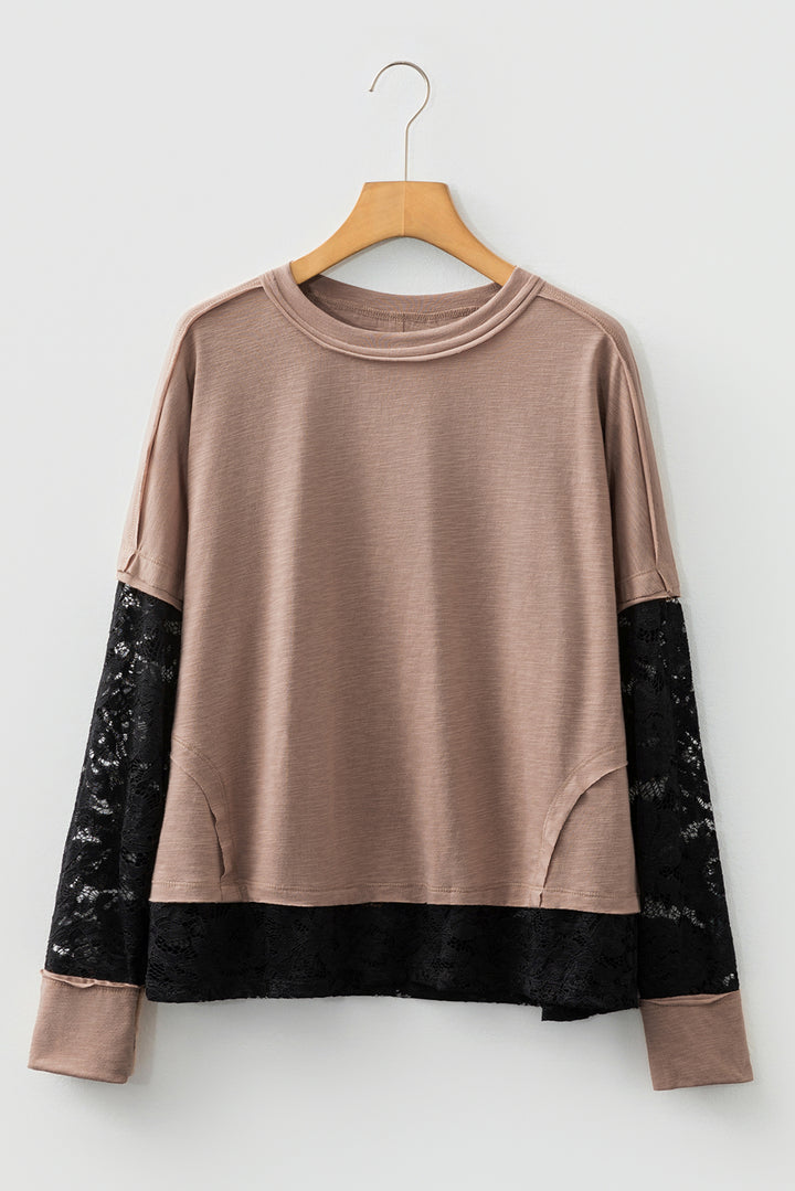 Light French Beige Sheer Lace Patchwork Casual Long Sleeve Tee