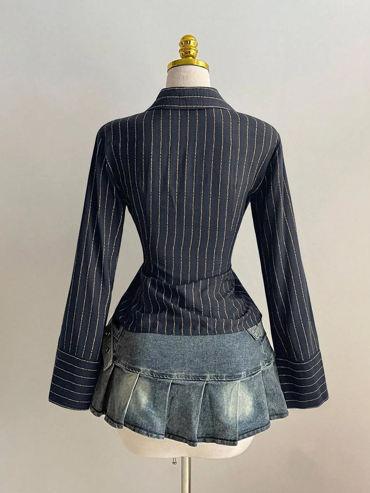 Striped Long Sleeve Fitted Blouse