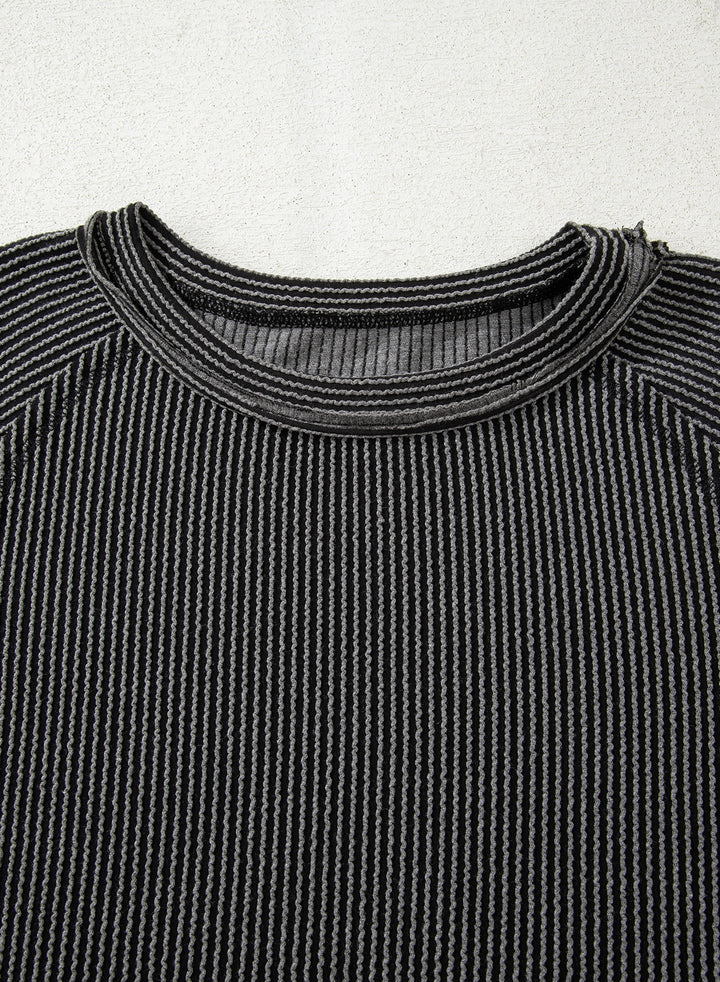 Dark Grey Corded Lantern Sleeve Top High Waist Ruffled Mini Skirt Set