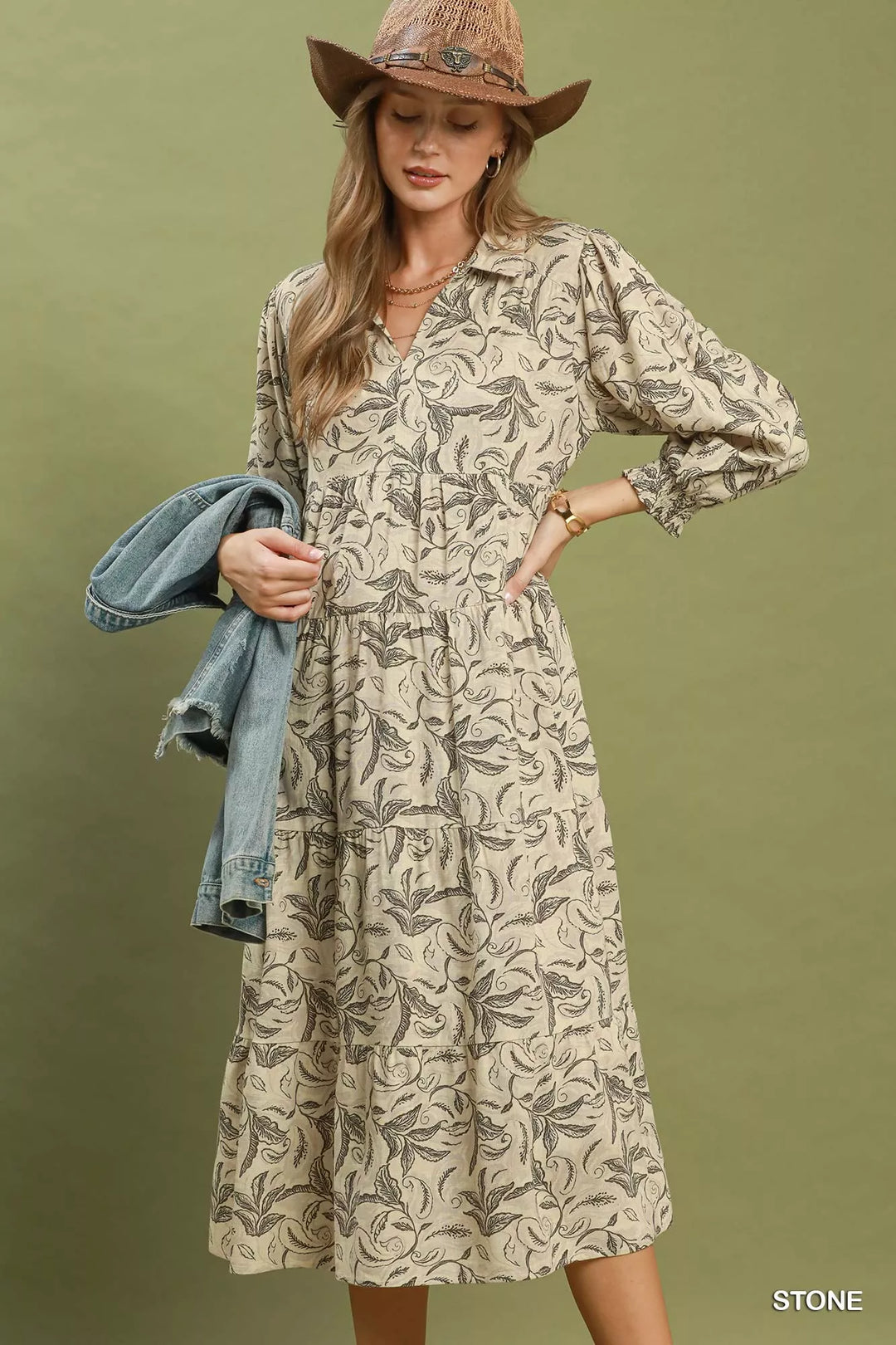 Umgee Linen Botanical Print Tiered Midi Dress