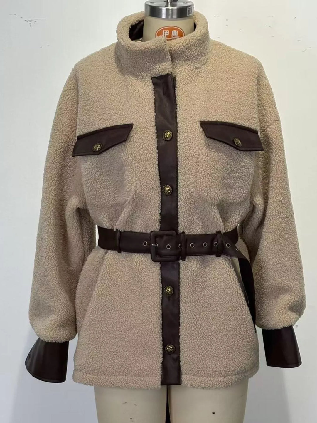 Leather Trim Sherpa Outerwear with Pockets