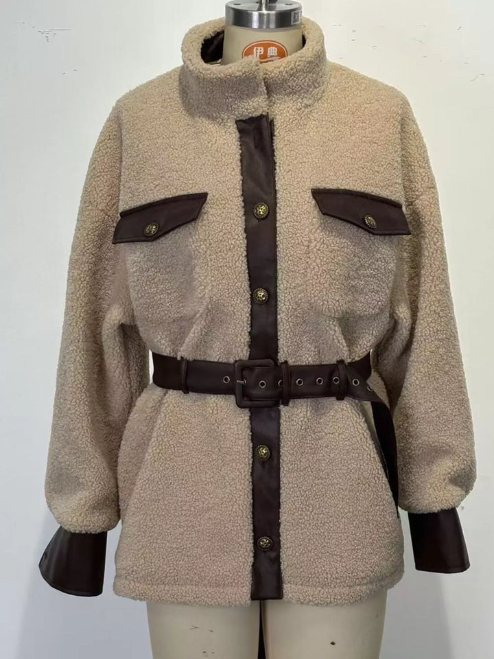 Leather Trim Sherpa Outerwear with Pockets