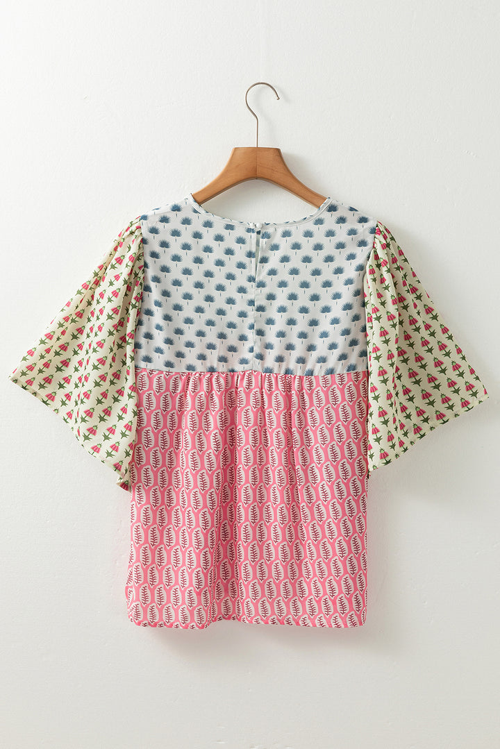 Red Floral Colorblock Flutter Cape Style Sleeves Blouse