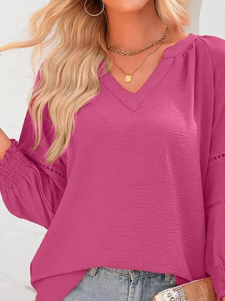 Solid Color Smocked Long Sleeve Blouse