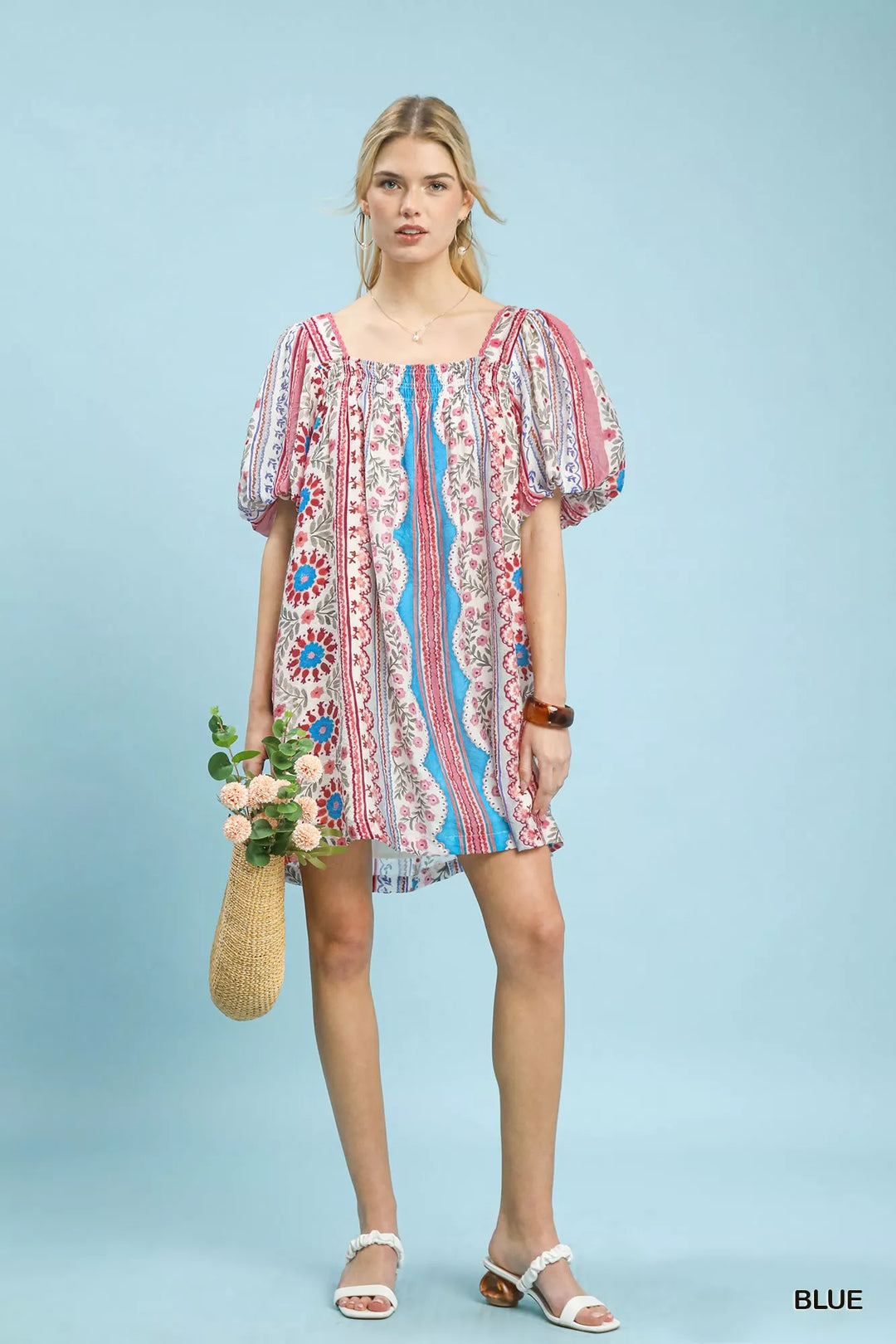 Umgee Mixed Print Puff Sleeve Mini Dress