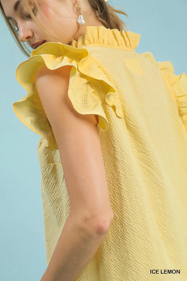Umgee Textured Ruffle Sleeve V-Neck Blouse