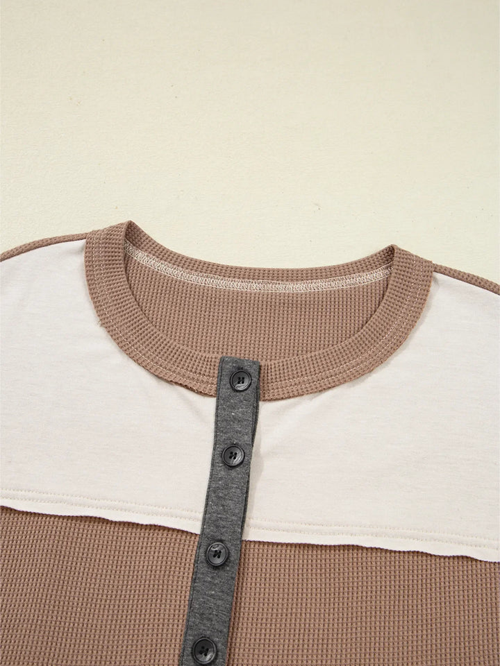 Color Block Waffled Loose Henley Top