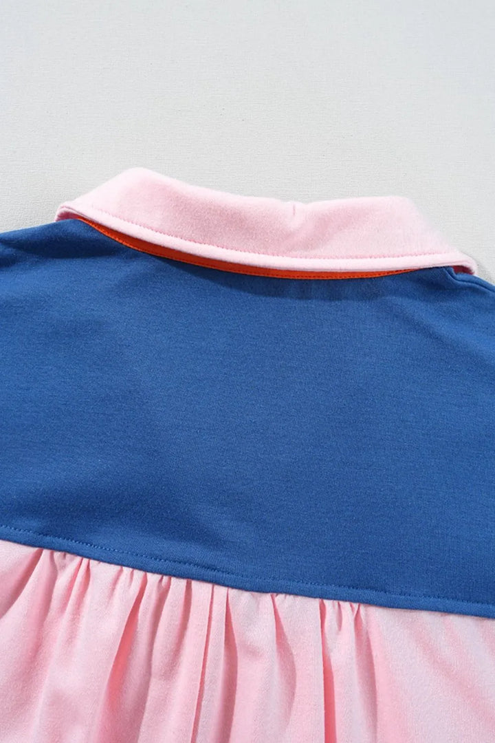 Color Block Half Buttoned Ruffled Short Sleeve T Shirt