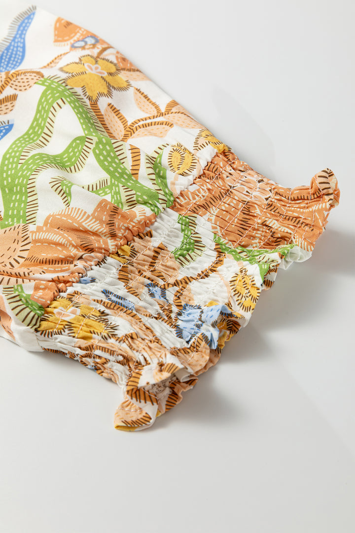 Khaki Floral Print 3/4 Sleeves Tiered Plus Size Long Dress