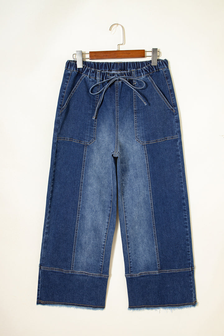 Prussian Blue Drawstring Seam Detail Raw Hem Wide Leg Denim Pants