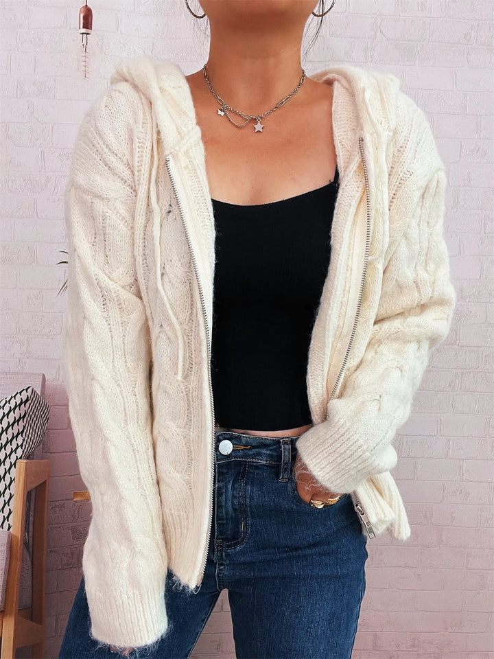 Cable Knit Hooded Zip-Up Cardigan