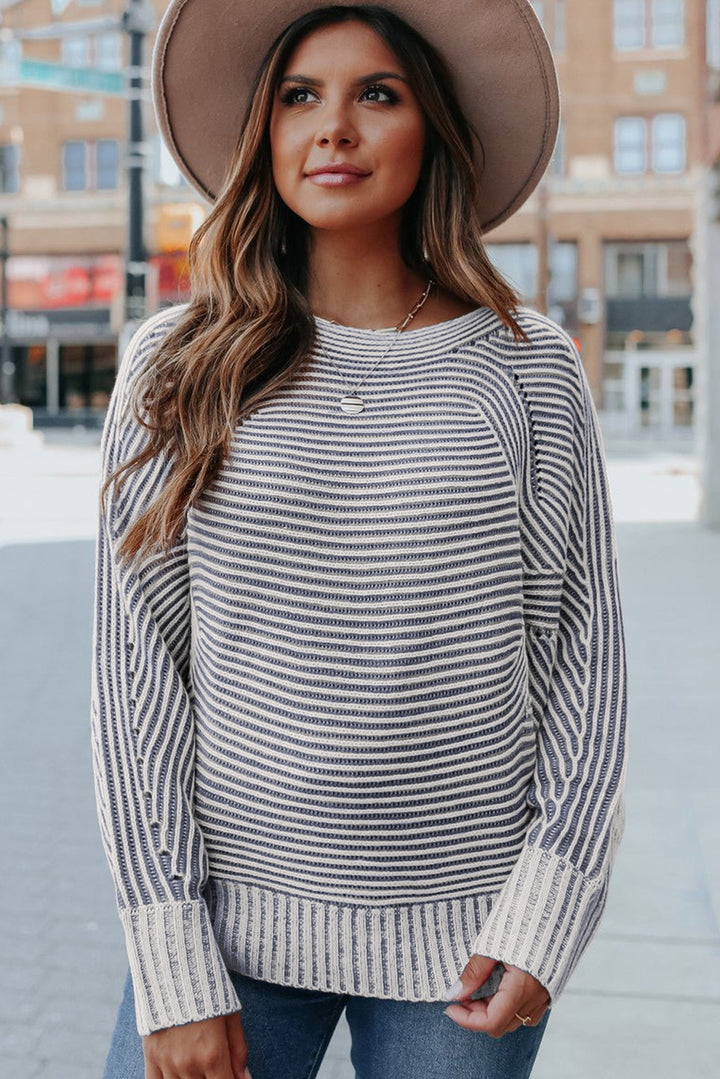 Ashleigh Blue Striped Print Ribbed Knit Boat Neck Baggy Sweater