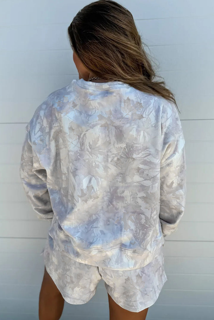 Beige Camo Print Pullover Top and Elastic Waist Casual Short Set