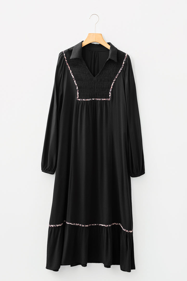 Black Collared V Neck Smocked Detail Contrast Leopard Trim Bracelet Sleeve Long Dress