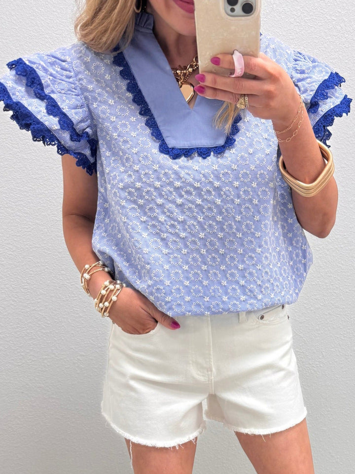 Eyelet Embroidered Flower Texture Contrast Lace Trim Flutter Sleeve Blouse
