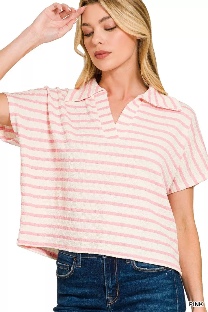 Zenana Striped Split Neck Collared Top