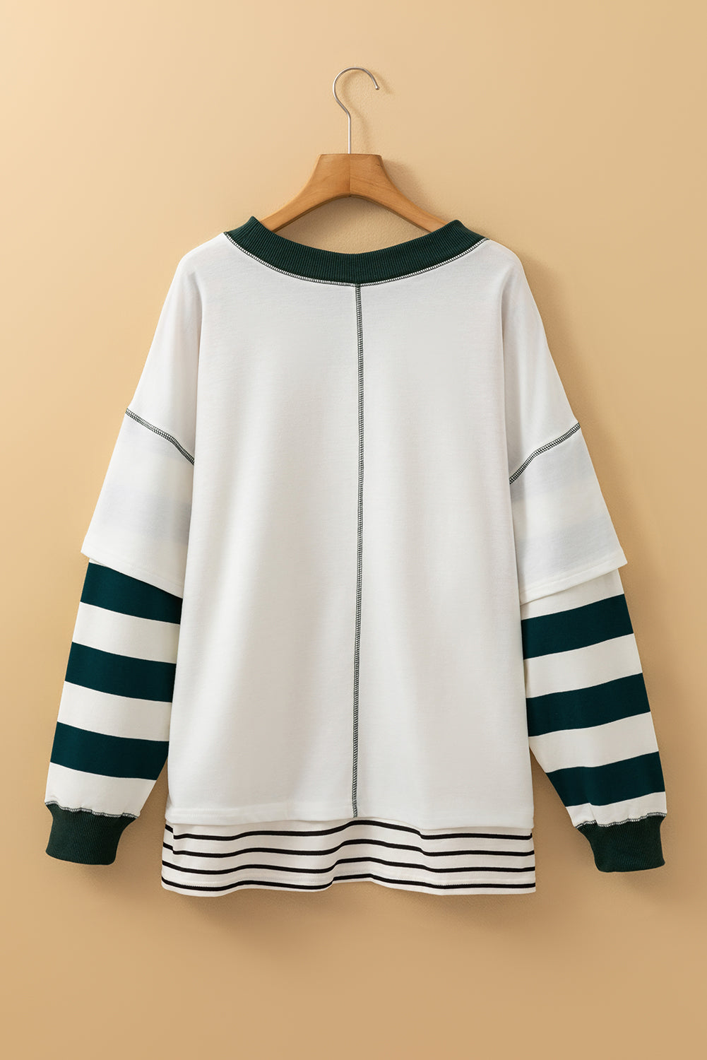 白色條紋拼色袖子露縫假兩件運動衫