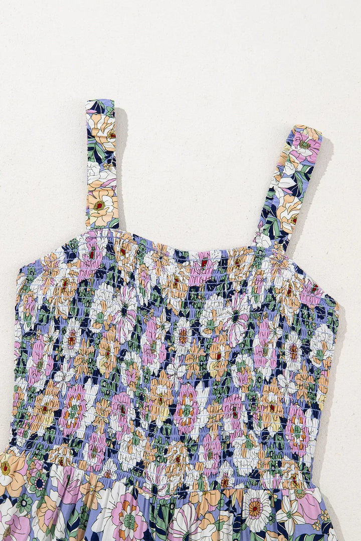 Floral Print Smocked High Waist Square Neck Jumpsuit