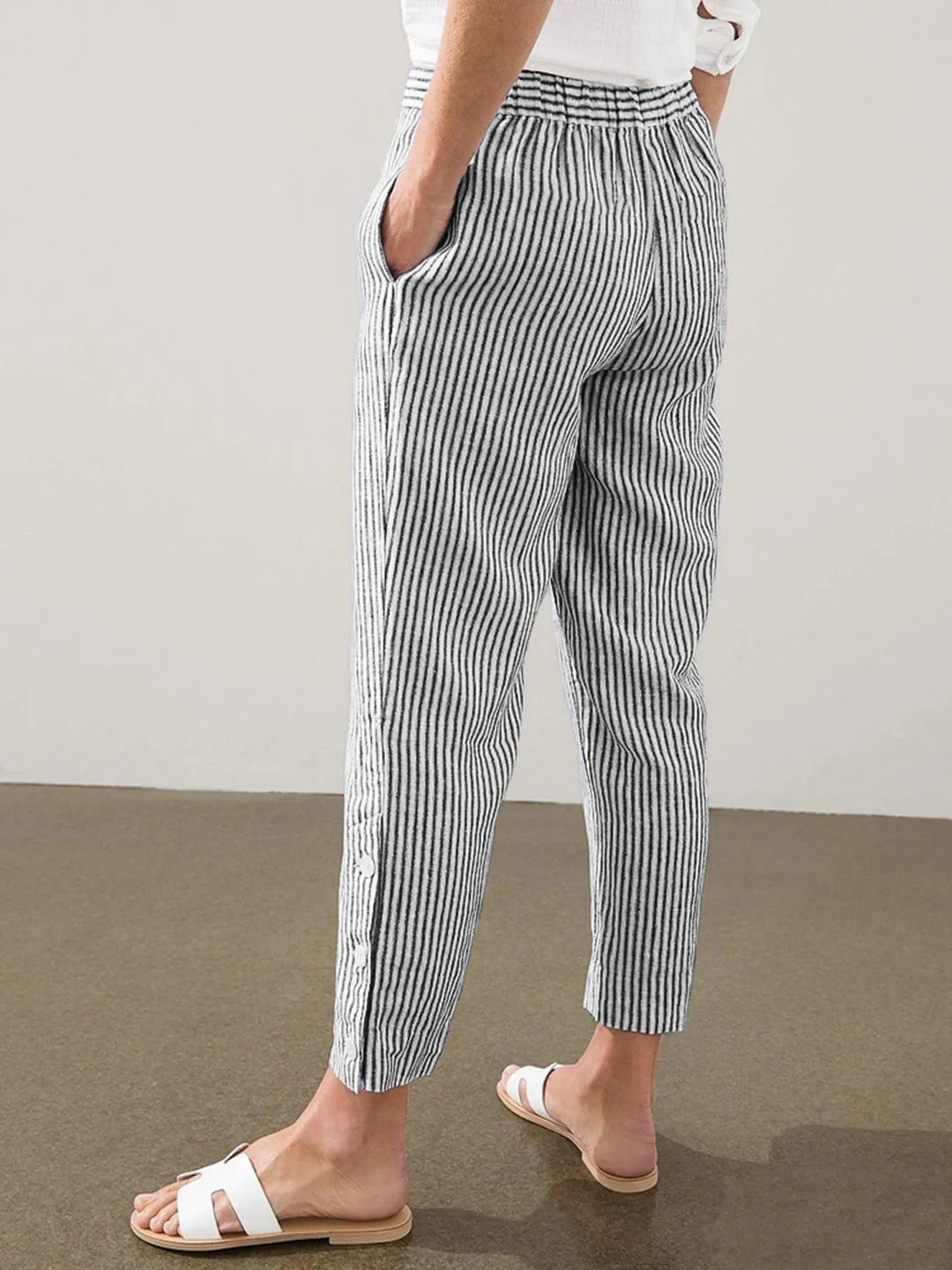 Full Size Striped Side Button Detail Pants Plus Size