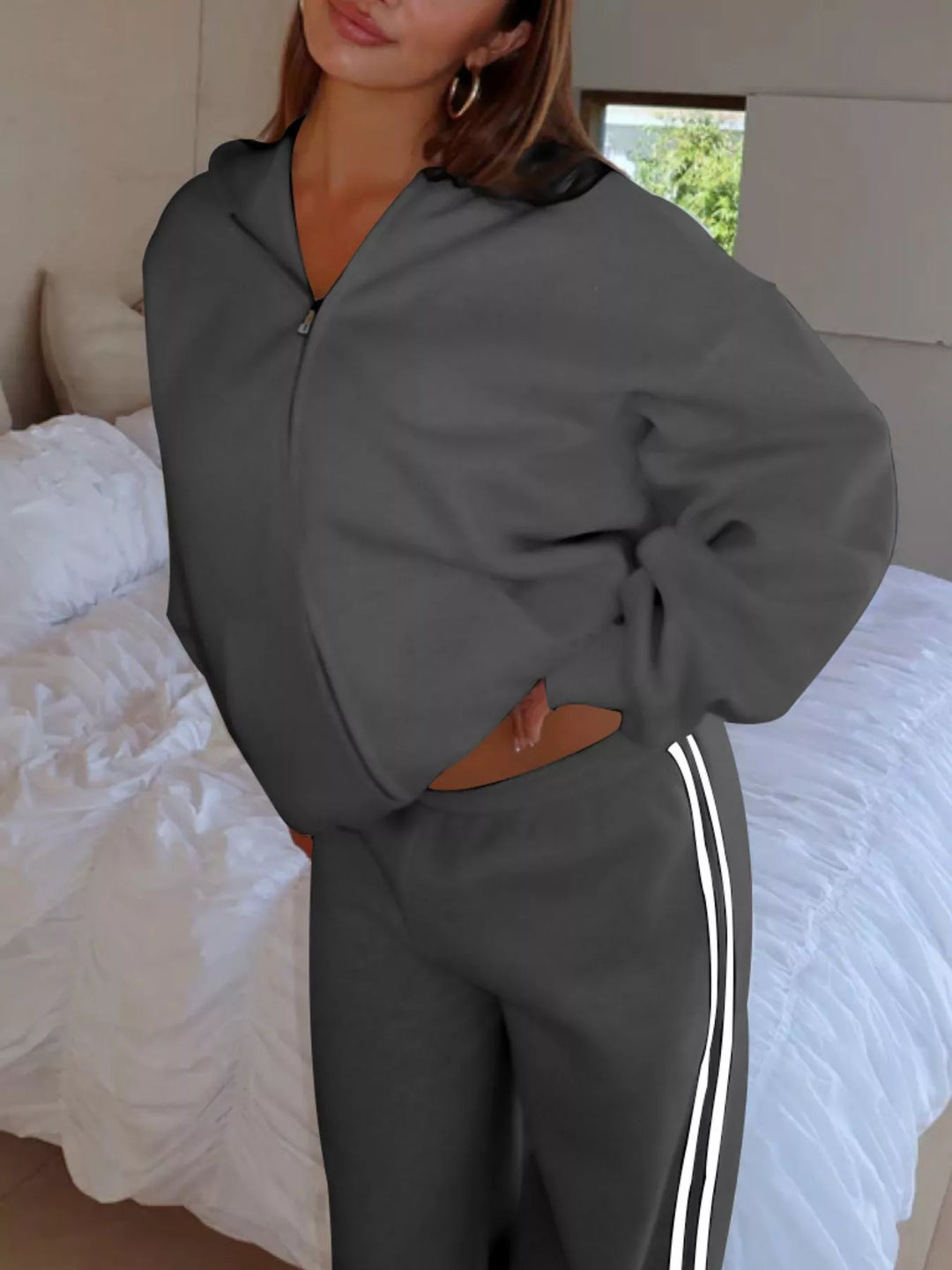 Zip Up Hoodie and Striped Pants Set