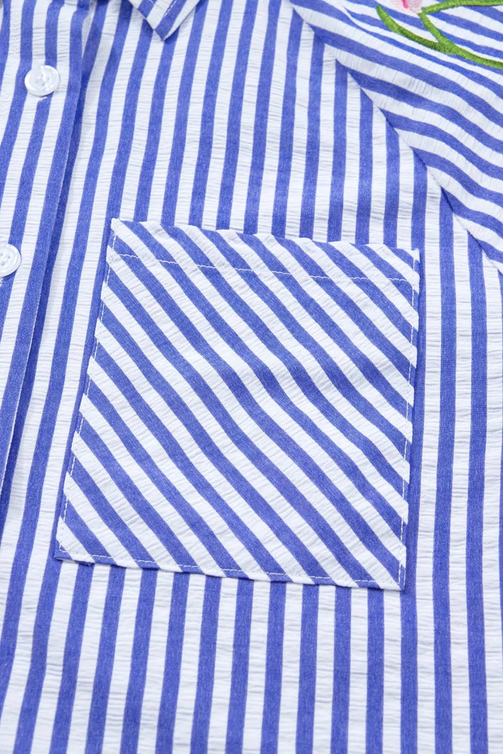 Striped Floral Embroidered Puff Sleeve Button Down Shirt