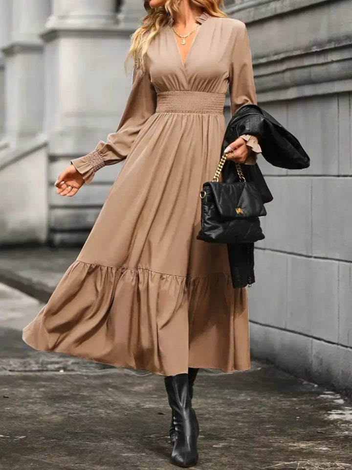 Surplice Long Sleeve Tiered Midi Dress
