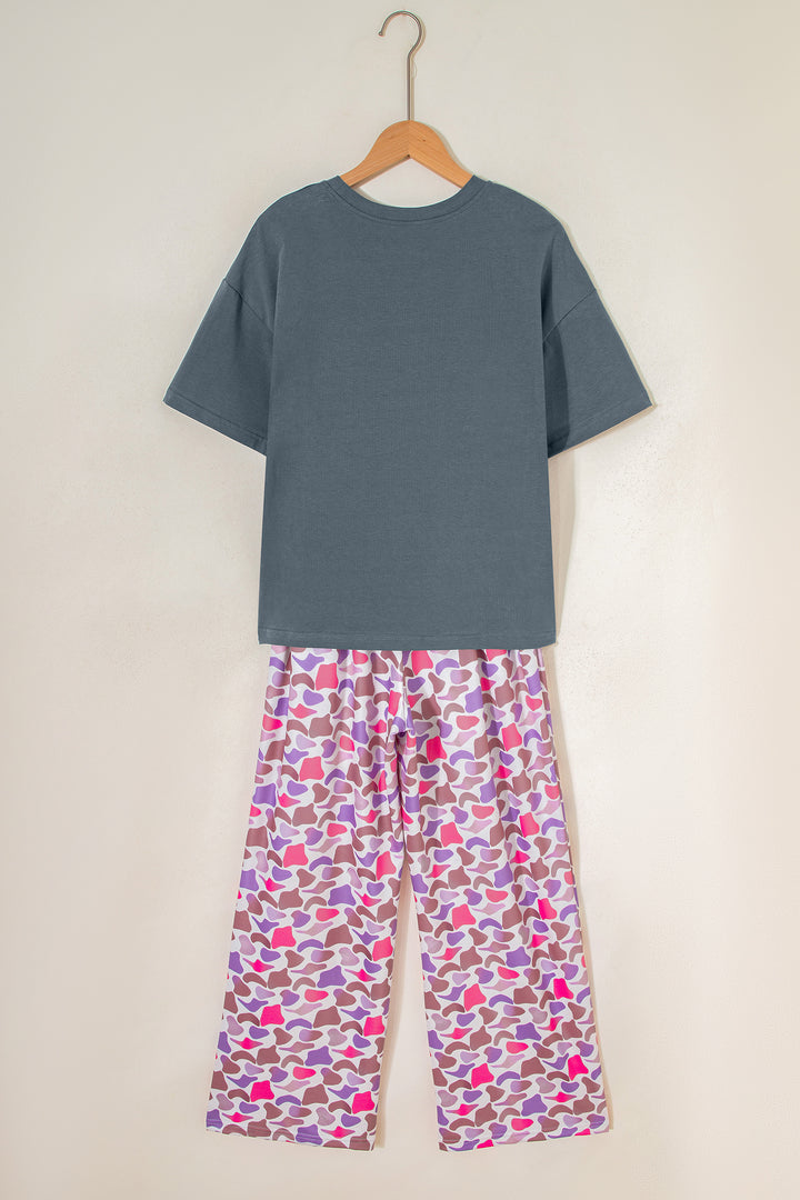 Medium Grey MAMA Letter Graphic Tee Camouflage Print Loose Pant Set