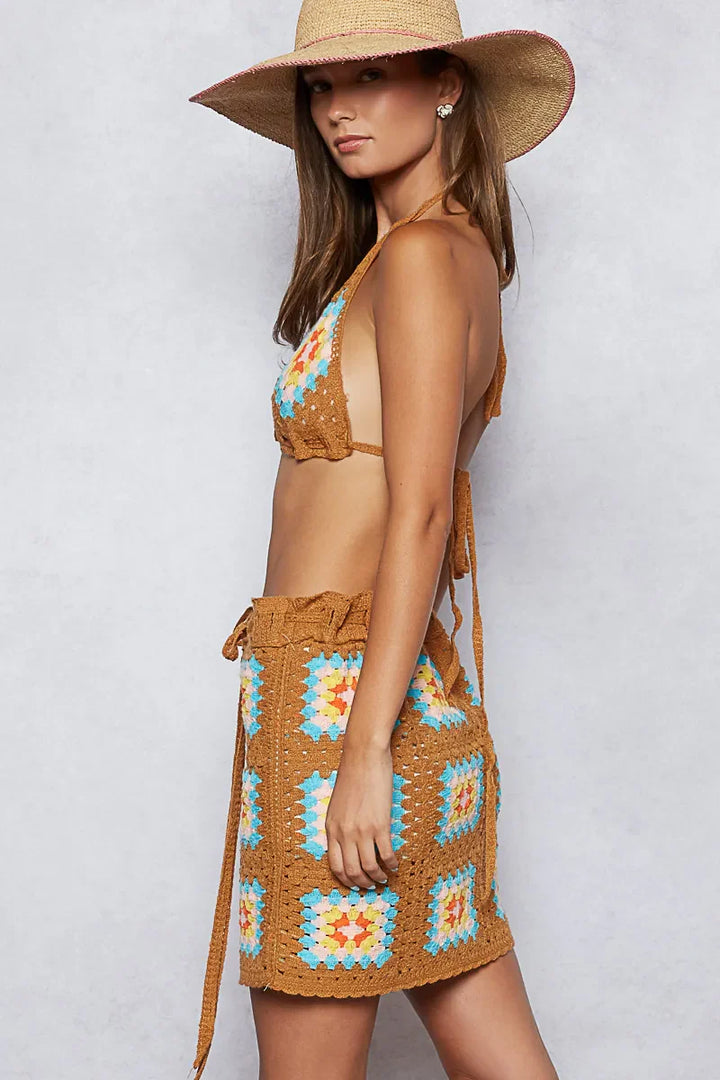 POL Crochet Halter Neck Cami and Skirt Sweater Set