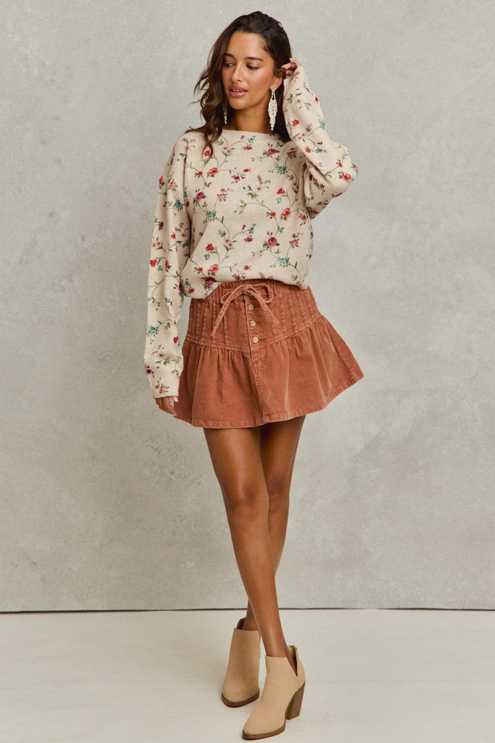 SO ME Mineral Wash Pintucked Corduroy Mini Flared Skirt