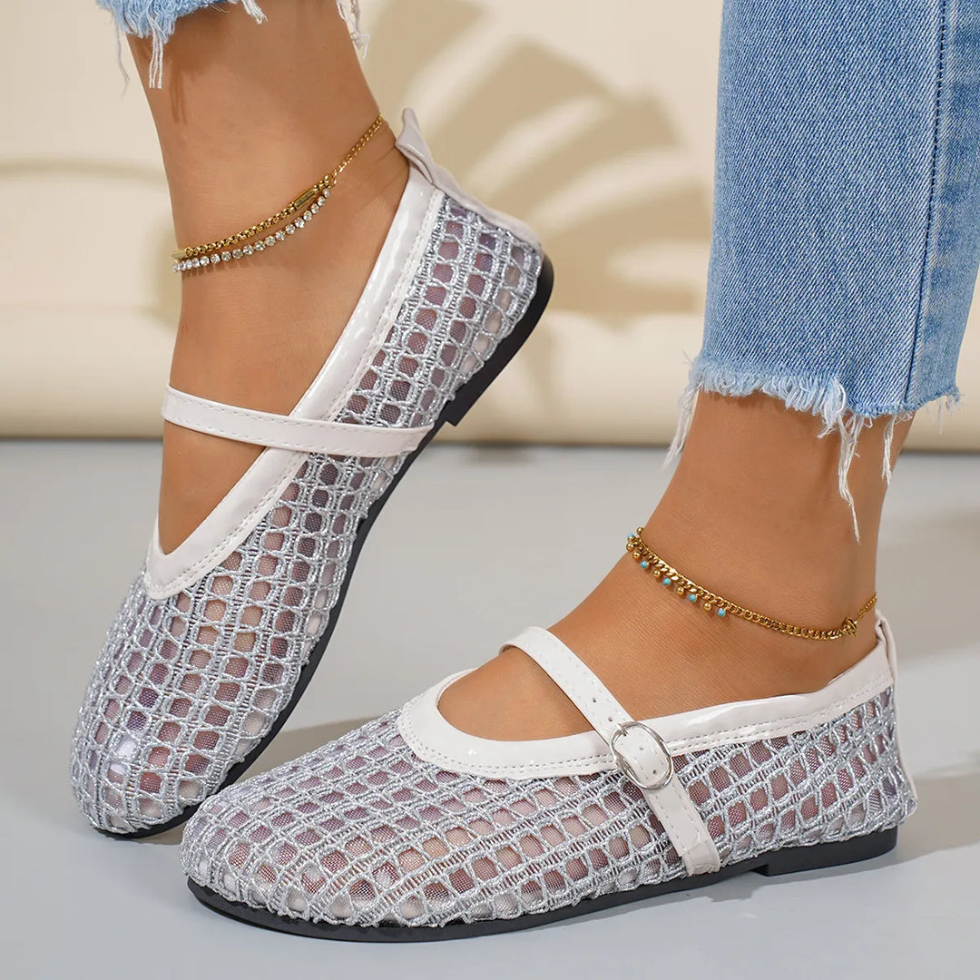 Woven Mesh Mary Jane Sandals with Buckle Strap