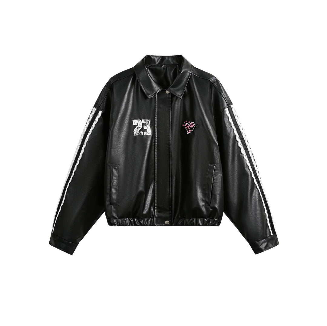 Women's Street Black Lace Love Number Embroidered Lapel Jacket
